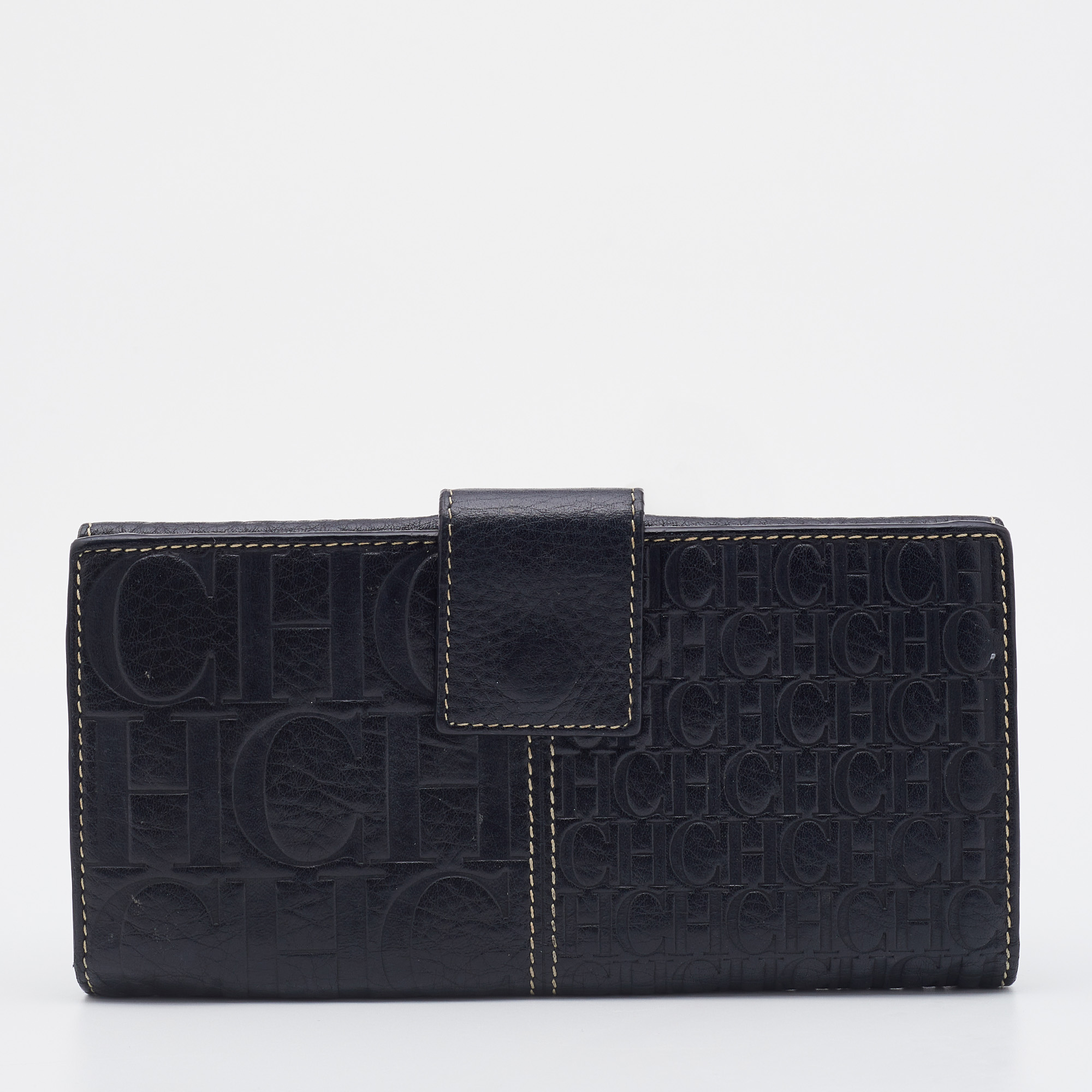 Ch Carolina Herrera Black Leather Flap Continental Wallet